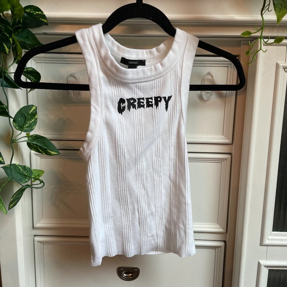Forever 21 White Ribbed Slightly Cropped Tank w/ "Creepy" Graphic